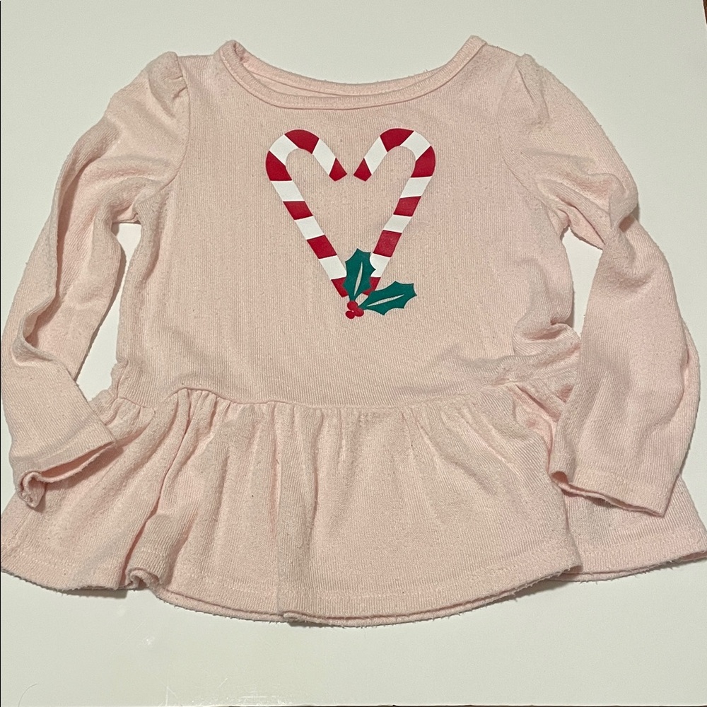 Cat & Jack Toddler Girl 3T Light Pink Long Sleeve Peplum Top Candy Cane Design